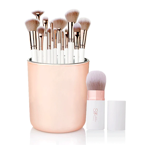 VEGAN 14 PIECE WHITE AND ROSE GOLD PROFESSIONAL BRUSH SET WITH ROSE GOLD JAR – VALUE PACK : VIEW VIDEO ON HOW TO USE